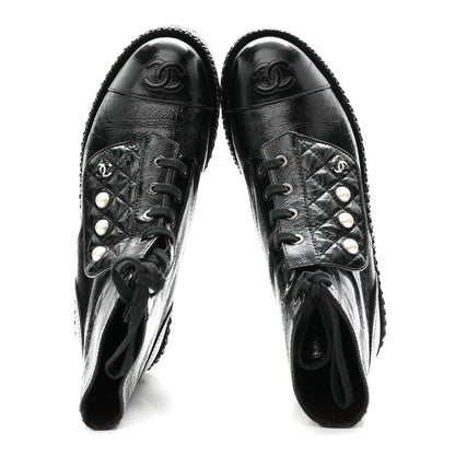 Chanel Crackled Calfskin Velvet Pearl Combat Short Boots 38 Black 2 of 10