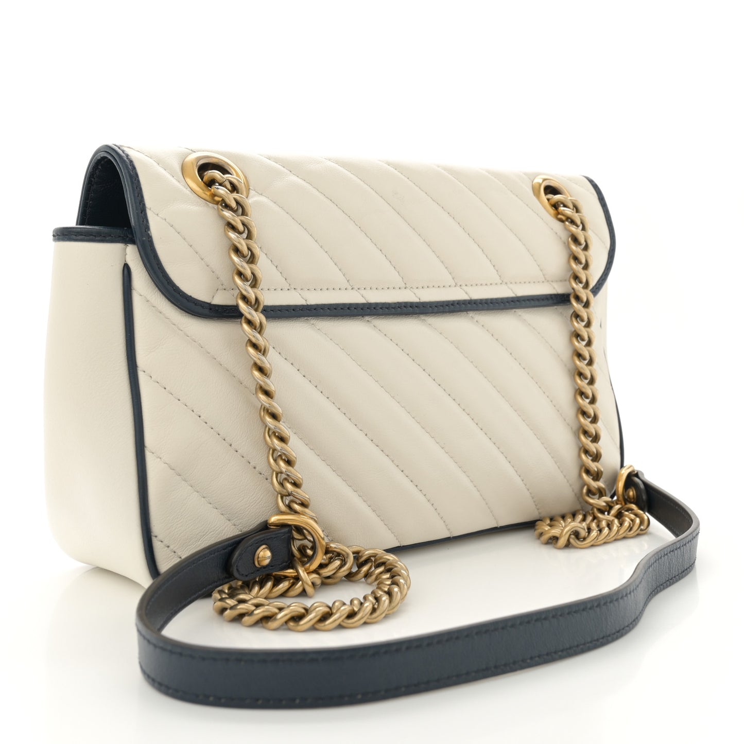 Vintage Effect Calfskin Matelasse Diagonal Small Torchon GG Marmont Shoulder Bag Mystic White Blue Agata