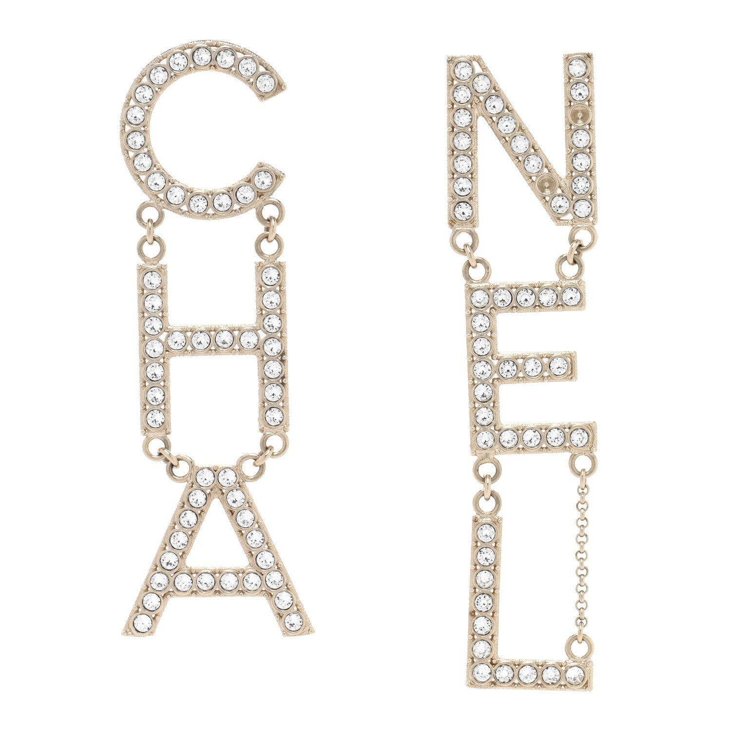 Chanel Crystal Cha-Nel Logo Drop Earrings Gold 1 of 5
