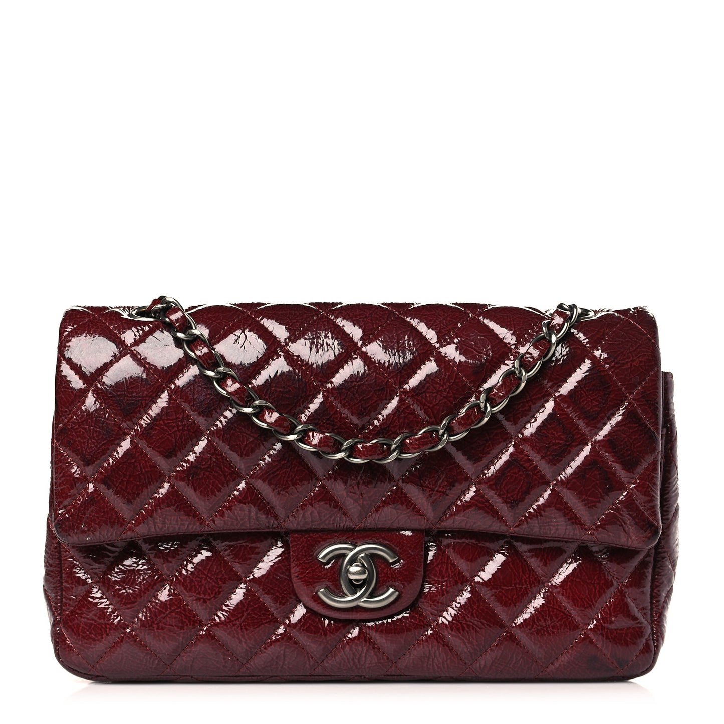 Patent Calfskin Quilted Medium Double Flap Burgundy