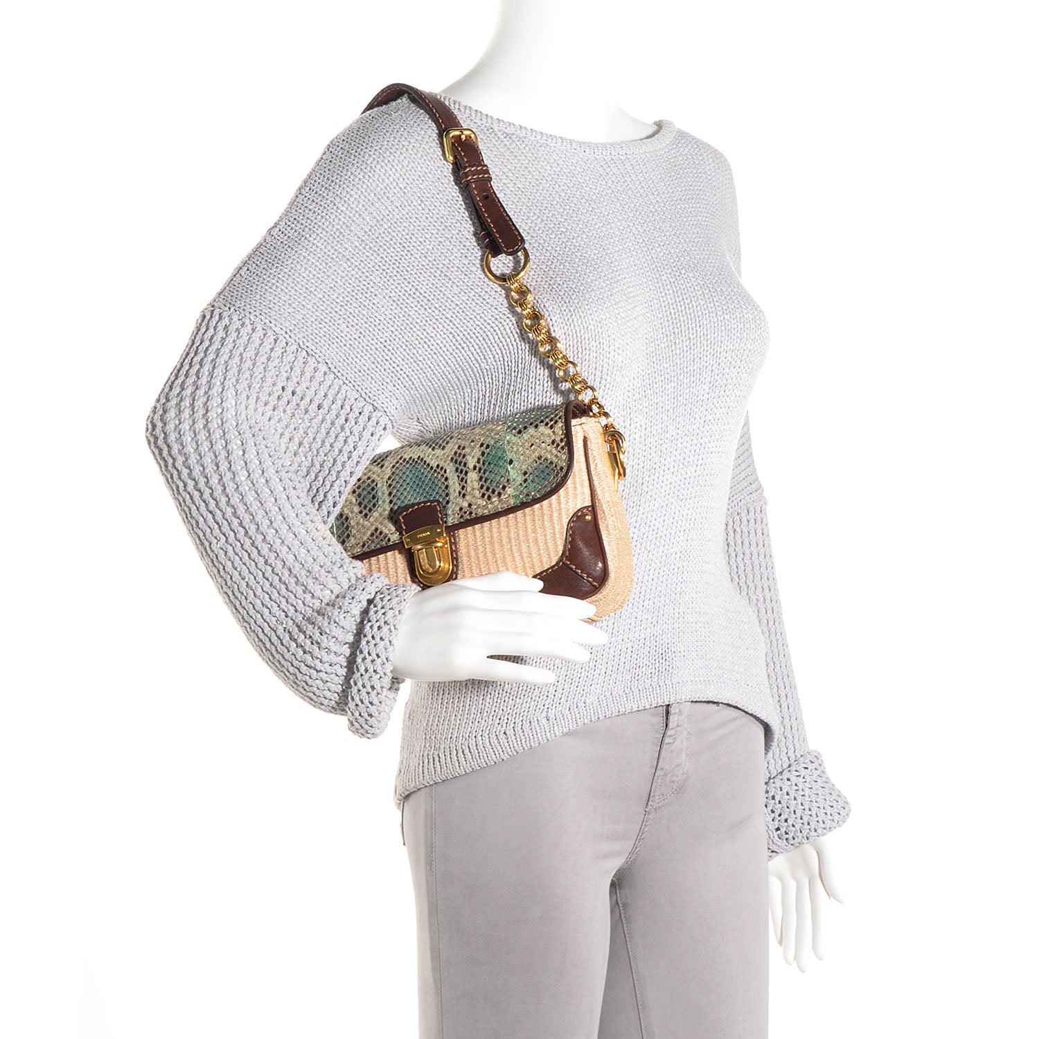 Prada Python Calfskin Paglia Twist Shoulder Bag Natural Azzurro 2 of 11