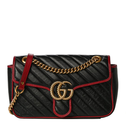 Gucci Vintage Effect Calfskin Matelasse Diagonal Small Torchon GG Marmont Shoulder Bag Black Romantic Cherry 1 of 11