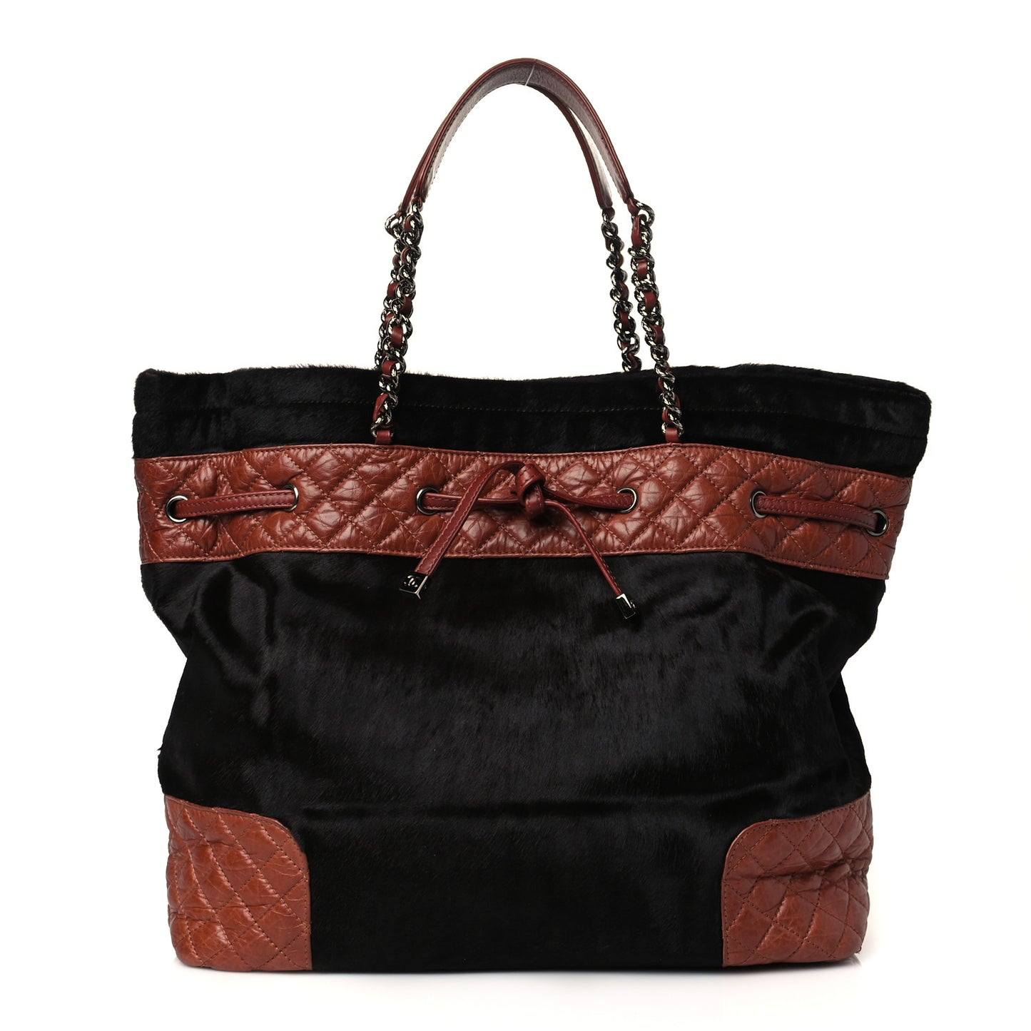 Aged Calfskin Pony Hair Quilted Miss Pony Drawstring Tote Brown