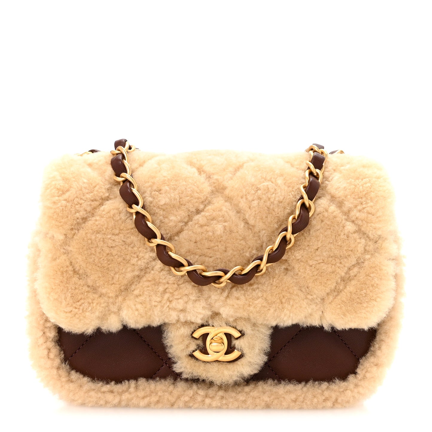 Shearling Lambskin Quilted Mini Furry Coco Flap Beige Dark Brown