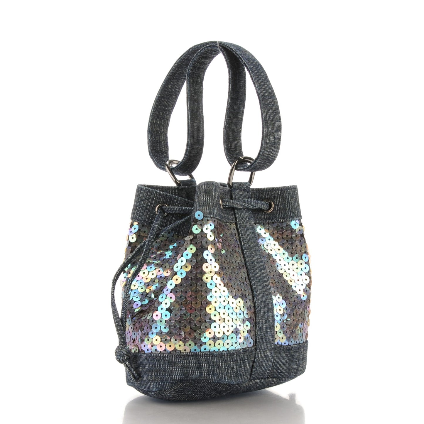 Sequin Denim Small Drawstring Bucket Bag Blue