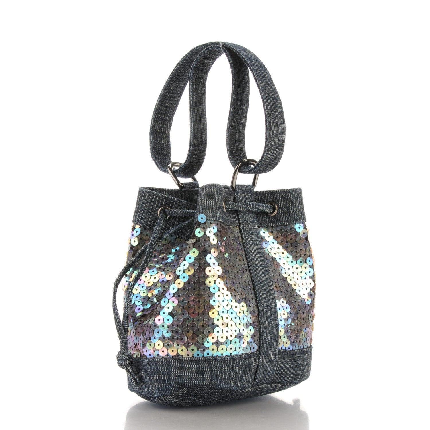 Chanel Sequin Denim Small Drawstring Bucket Bag Blue 3 of 7