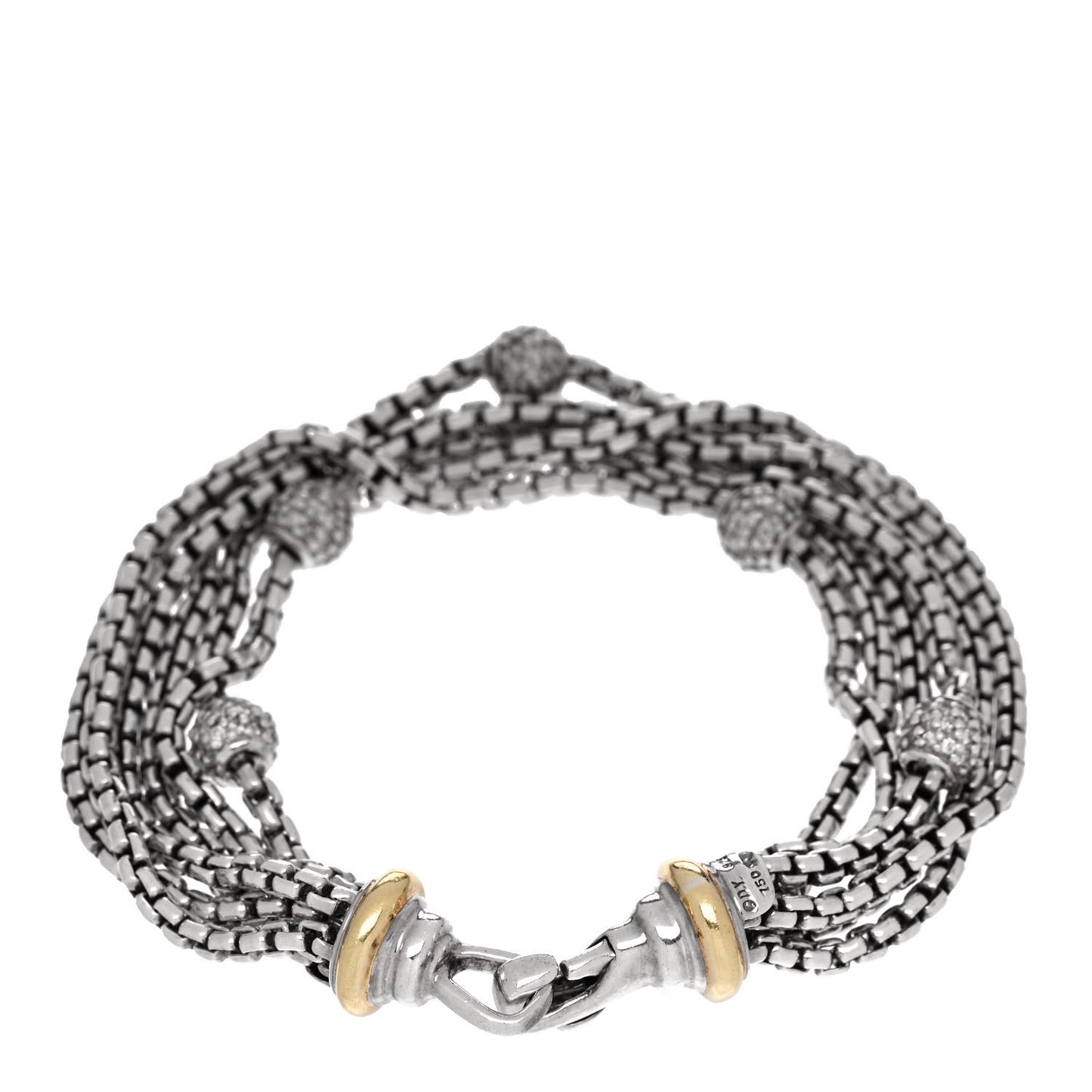 Sterling Silver 18K Yellow Gold Diamond Pave Bead Multi Strand Bracelet