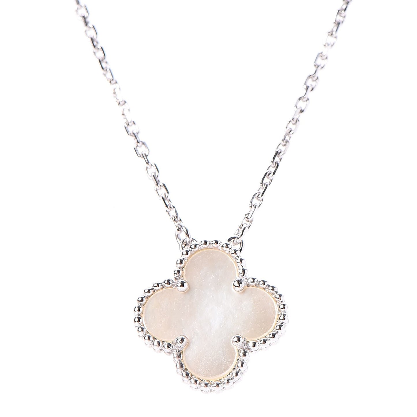 18K White Gold Mother of Pearl Vintage Alhambra Pendant Necklace