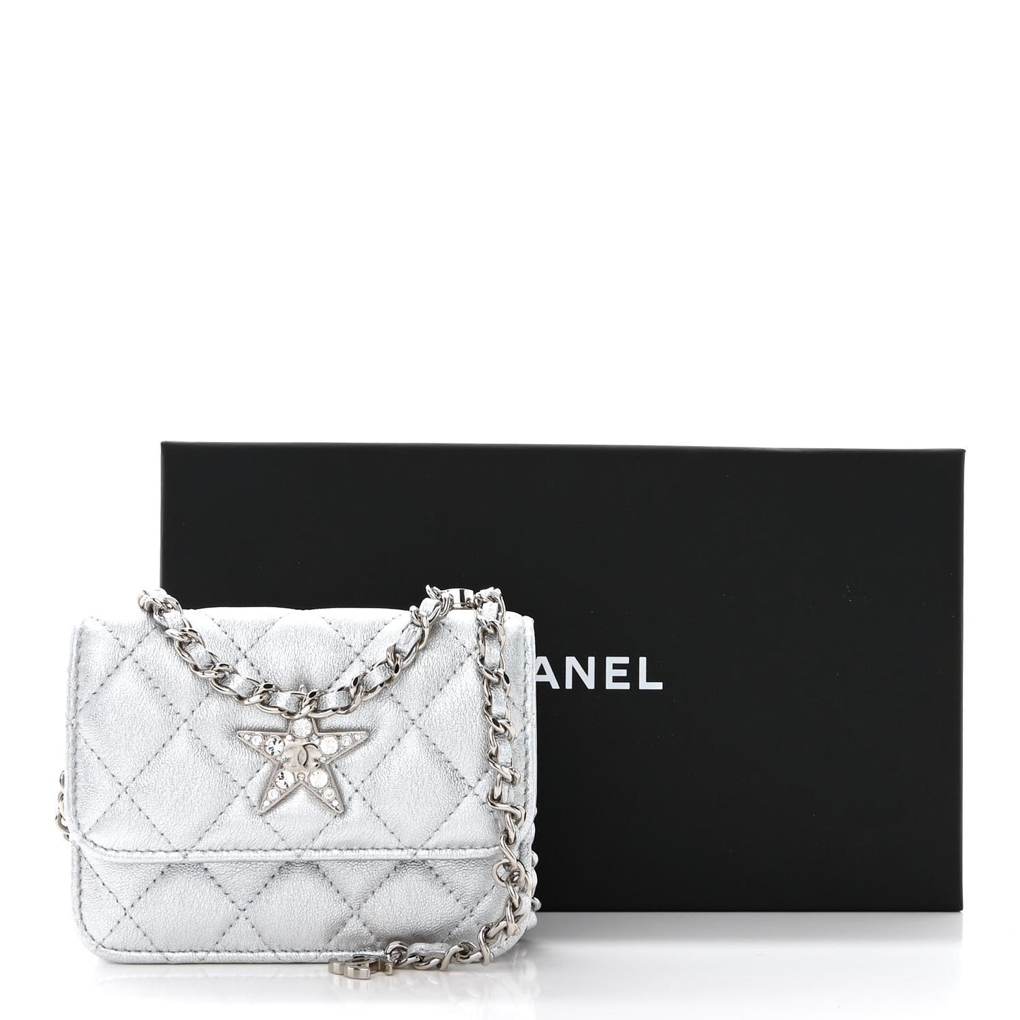 Metallic Lambskin Crystal Quilted Star Chain Belt Bag Silver