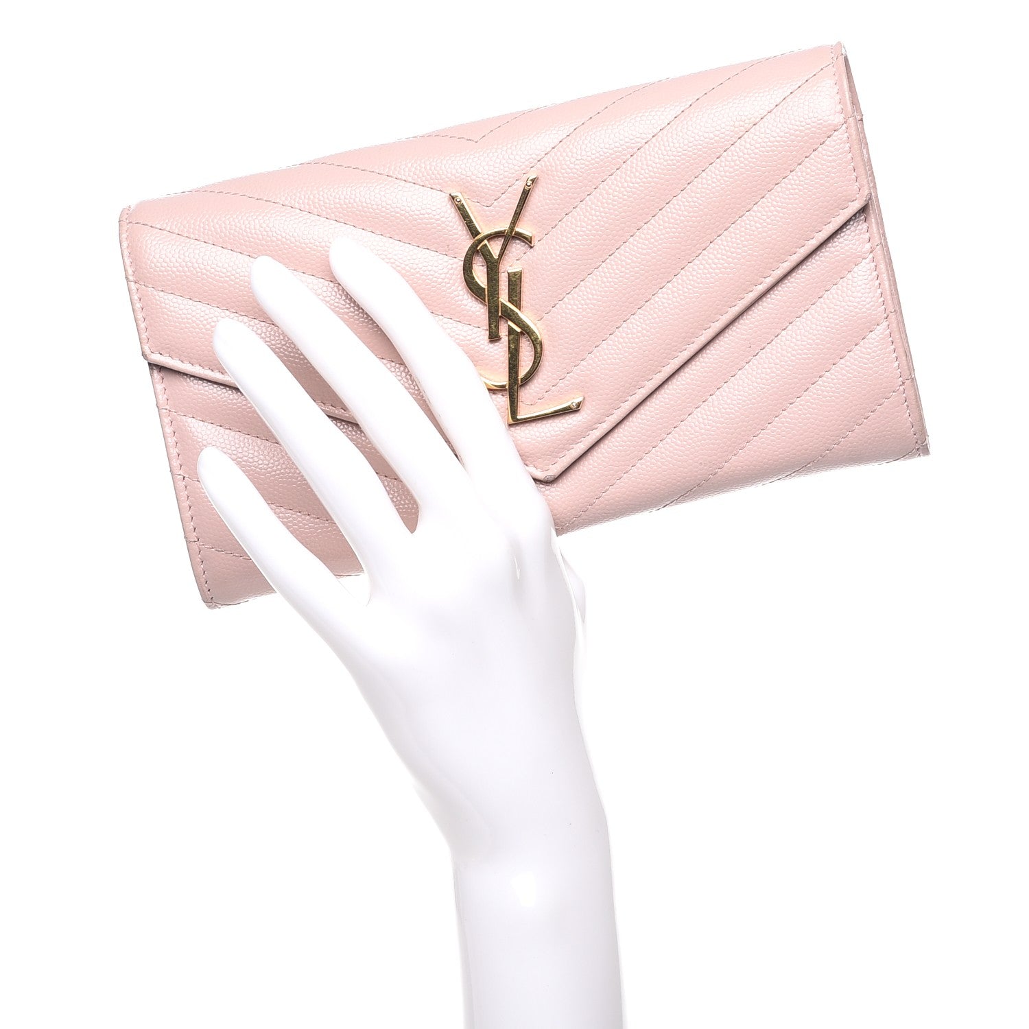 Saint Laurent Grain De Poudre Matelasse Chevron Monogram Flap Wallet Pale Pink 2 of 10