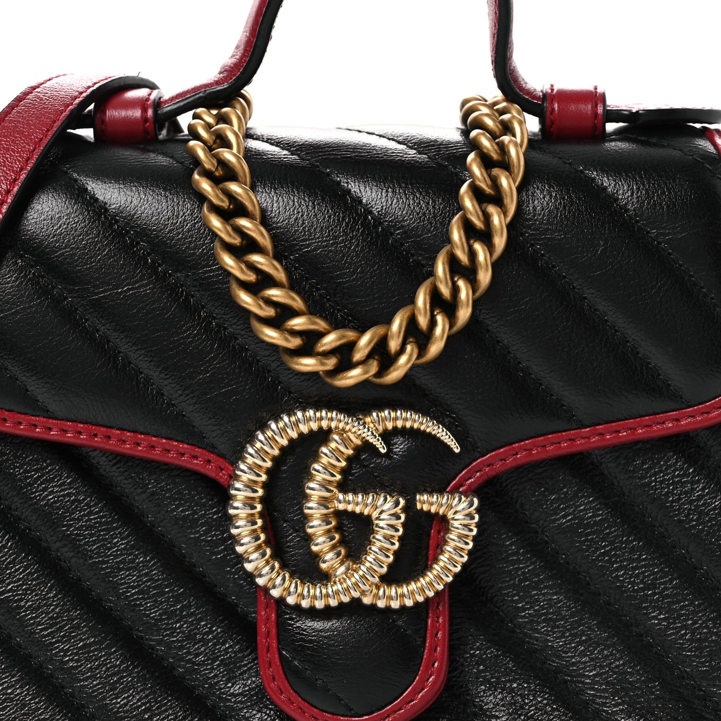 Vintage Effect Calfskin Matelasse Diagonal Mini Torchon GG Marmont Top Handle Shoulder Bag Black Romantic Cherry