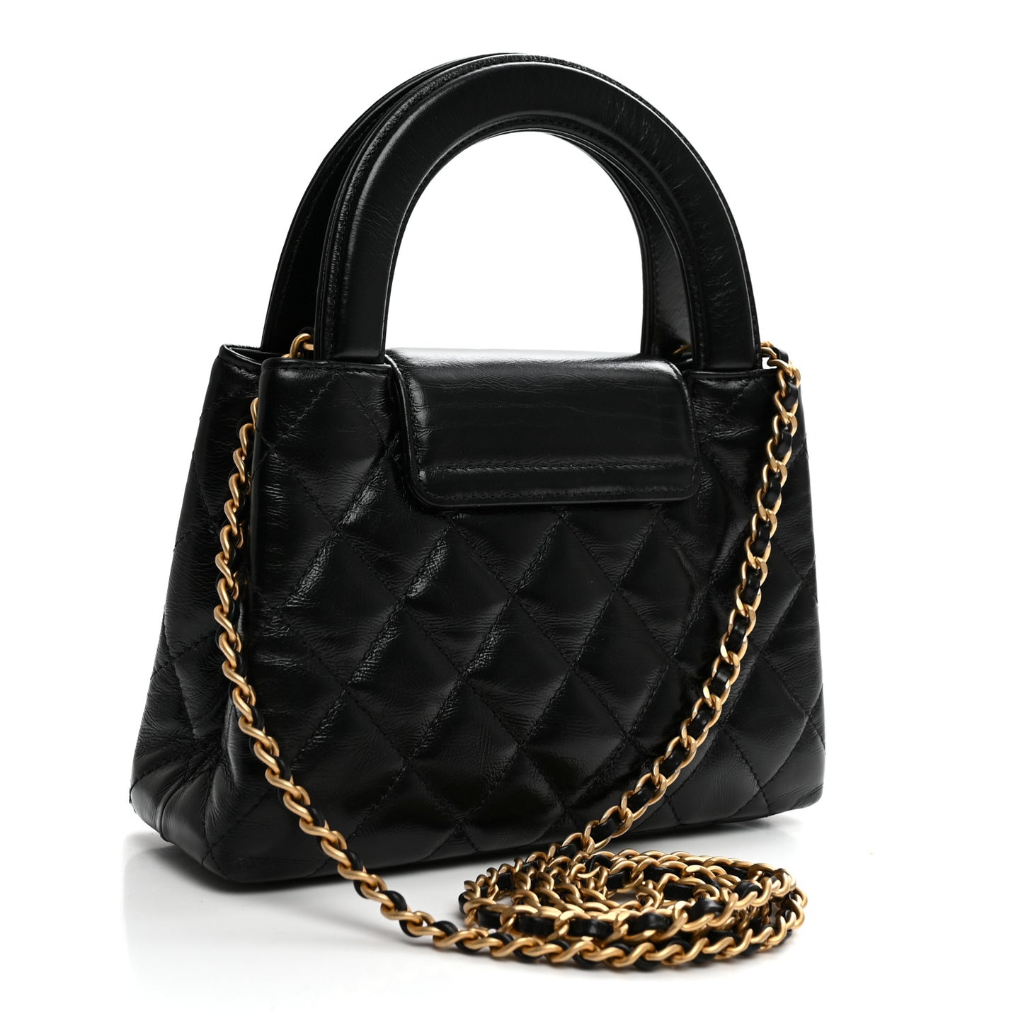 Shiny Aged Calfskin Quilted Nano Kelly Shopper Black