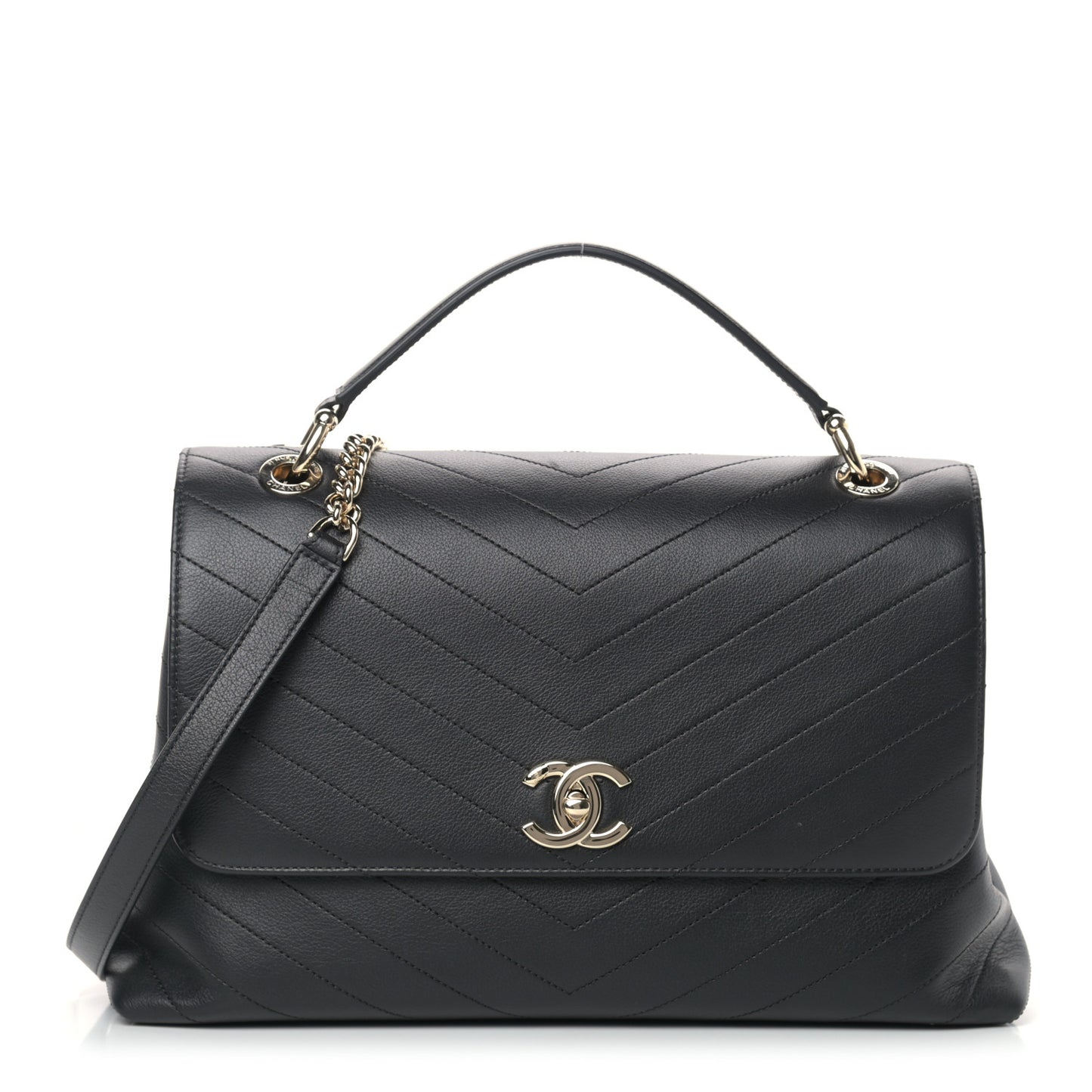 Grained Calfskin Chevron Stitched Medium Chic Top Handle Flap Black