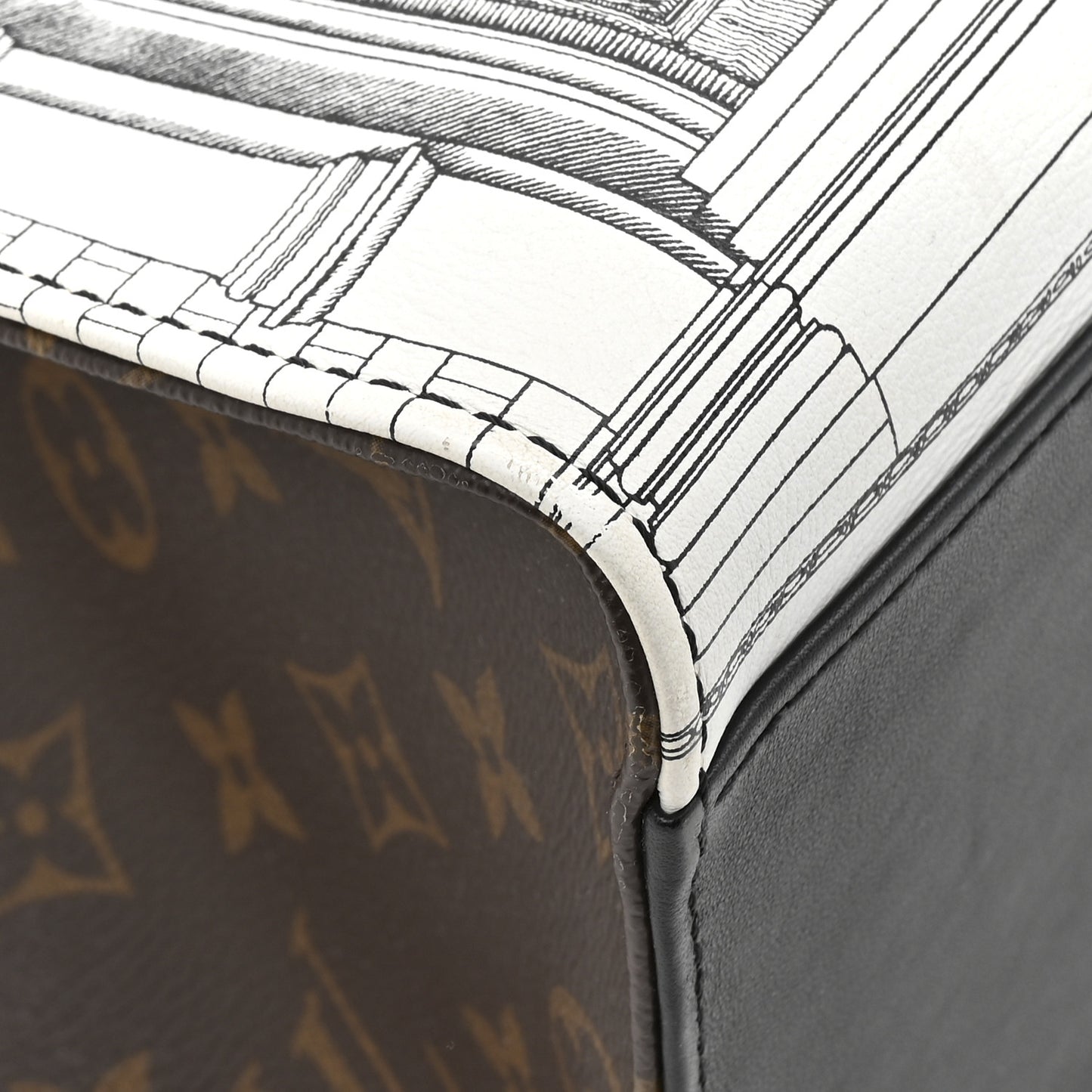 X FORNASETTI Calfskin Architettura Onthego MM Black White