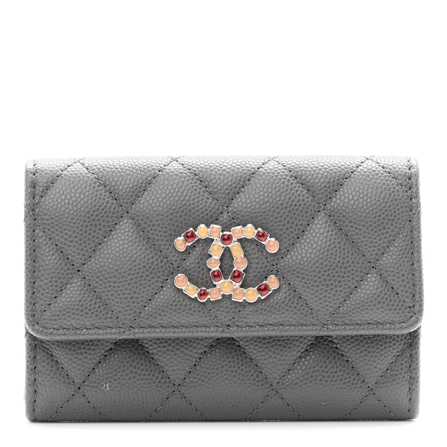 Chanel Shiny Caviar Enamel Quilted CC Flap Card Holder Grey 1 of 9