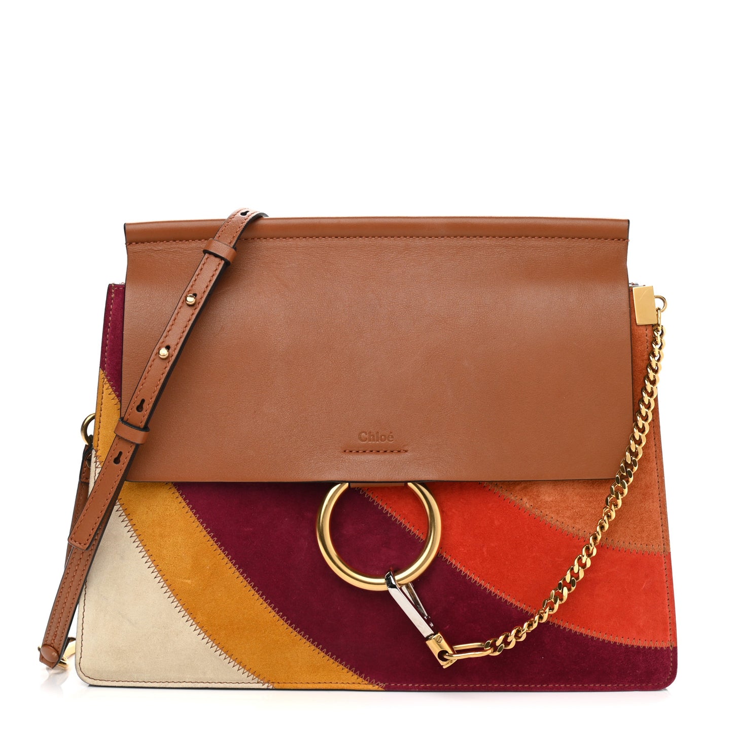 Calfskin Suede Rainbow Patchwork Medium Faye Shoulder Bag Caramel