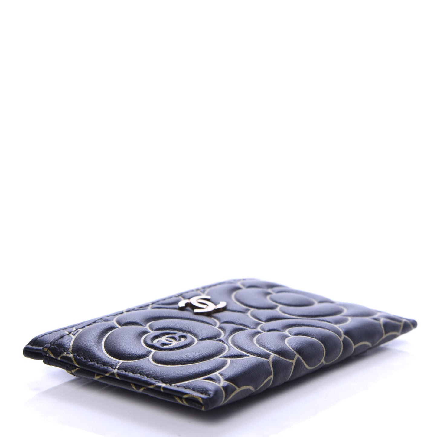 Lambskin Camellia Embossed Card Holder Black Gold