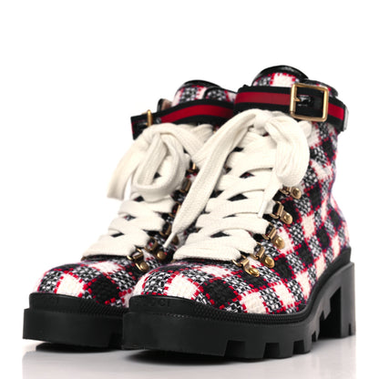 Gucci Vintage Tweed Check Lace Up Combat Ankle Boots 38 White Hibiscus Red Marine 3 of 8