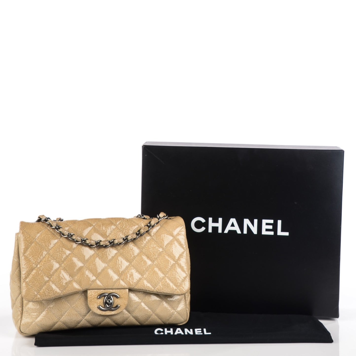 Crinkled Patent Quilted Jumbo Single Flap Light Beige