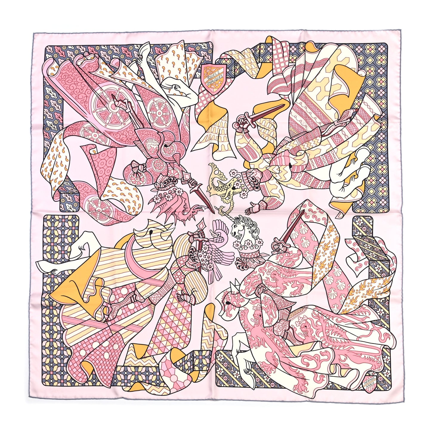 Silk Carre Duels Oniriques Scarf 90 Rose Pale Gris Jaune