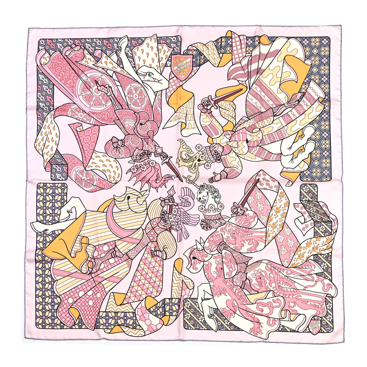 Hermes Silk Carre Duels Oniriques Scarf 90 Rose Pale Gris Jaune 2 of 10
