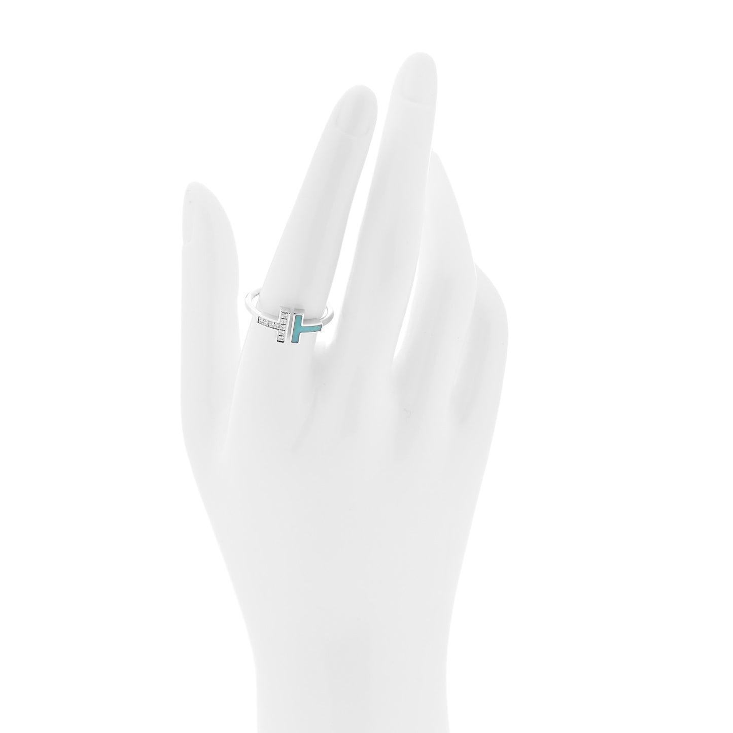 18K White Gold Diamond Turquoise T Wire Ring 56 7.75