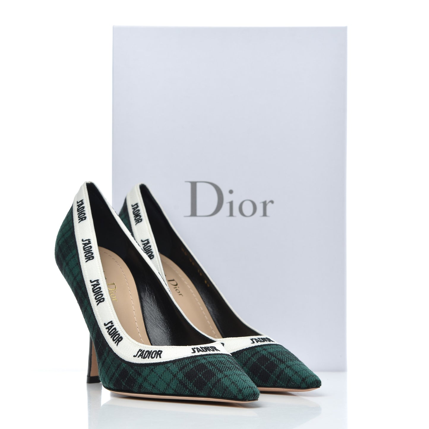 Canvas Ribbon Tartan Print Embroidered J'Adior 100mm Pumps 39 Black Green
