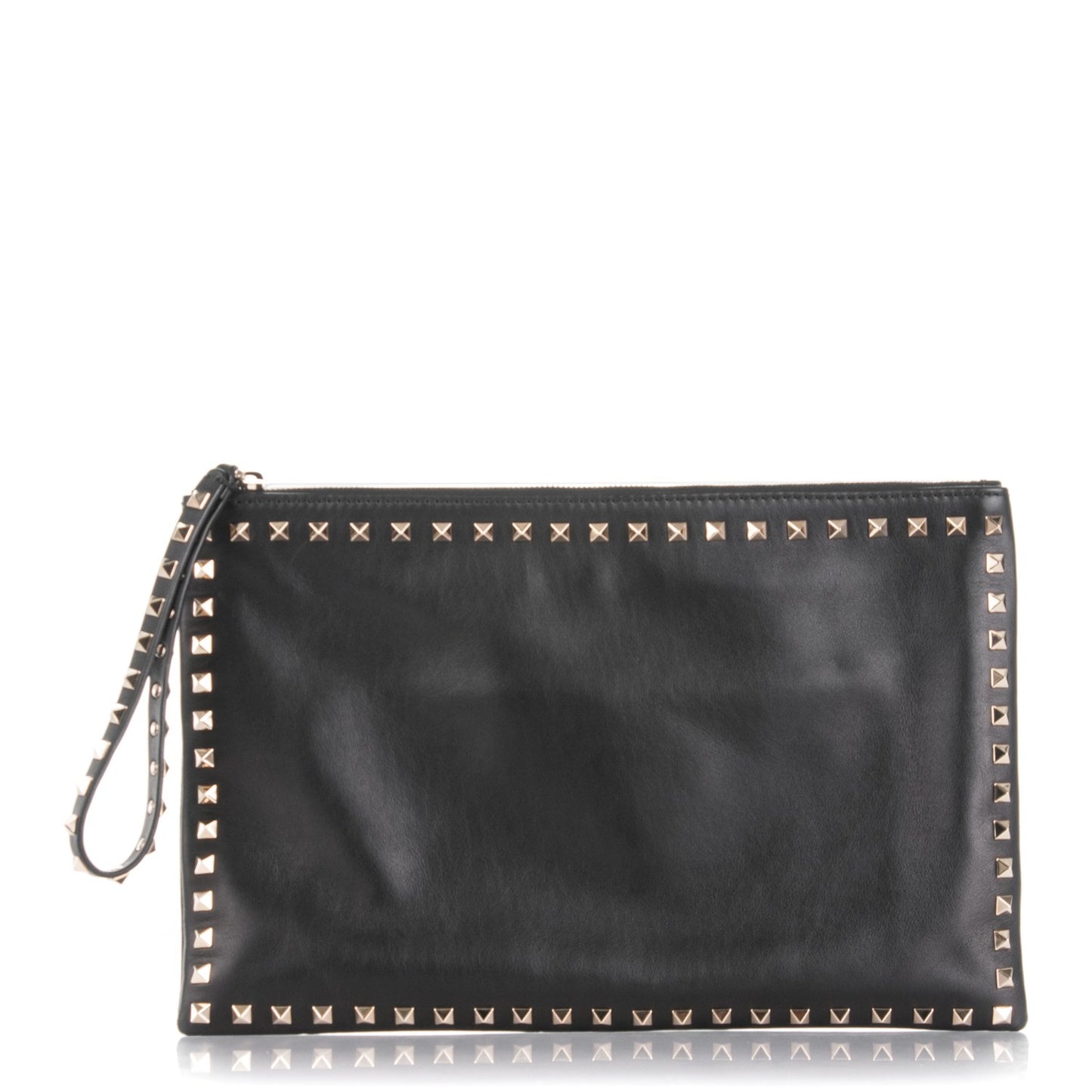Vitello Large Rockstud Zip Wristlet Pouch Black