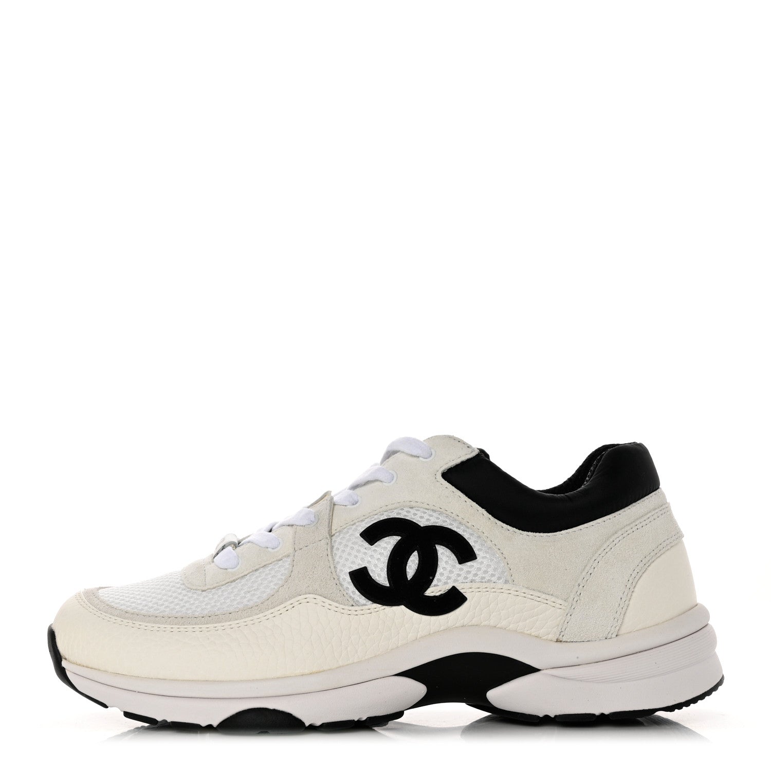 Chanel Mesh Suede Calfskin Grained Calfskin Womens CC Sneakers 40.5 White Black 1 of 9