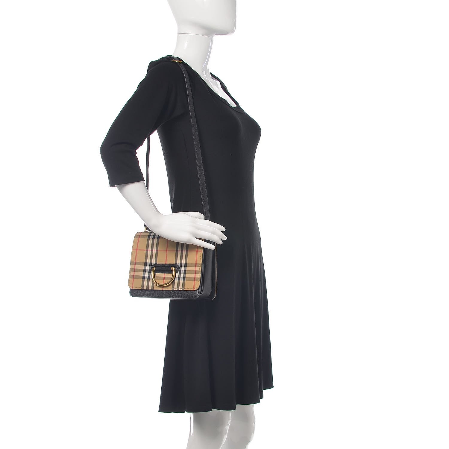 Burberry Goatskin Cotton Canvas Vintage Check Small D-Ring Bag Black Antique Yellow 2 of 11