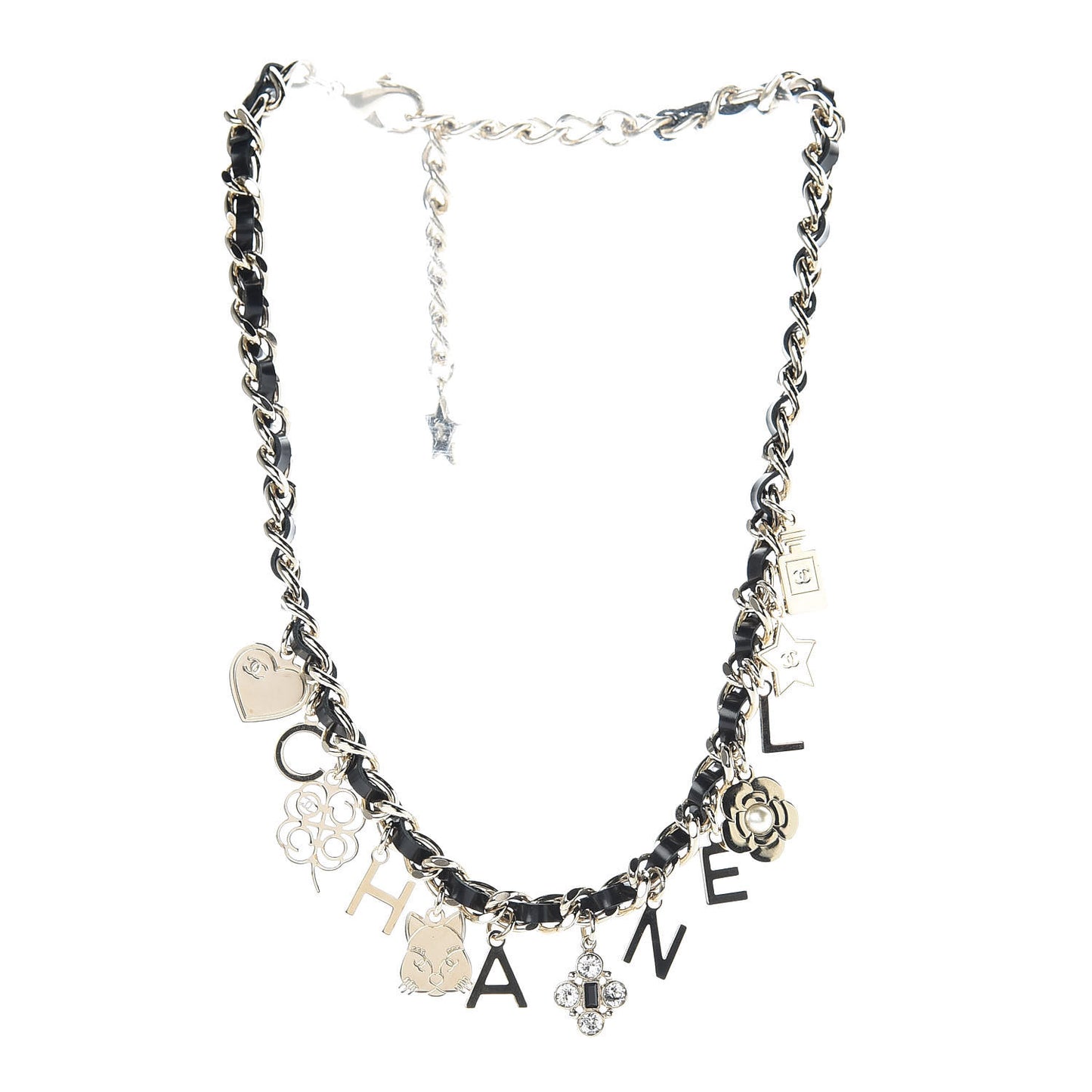 Glazed Calfskin Crystal Pearl Charm Short Necklace Black Gold