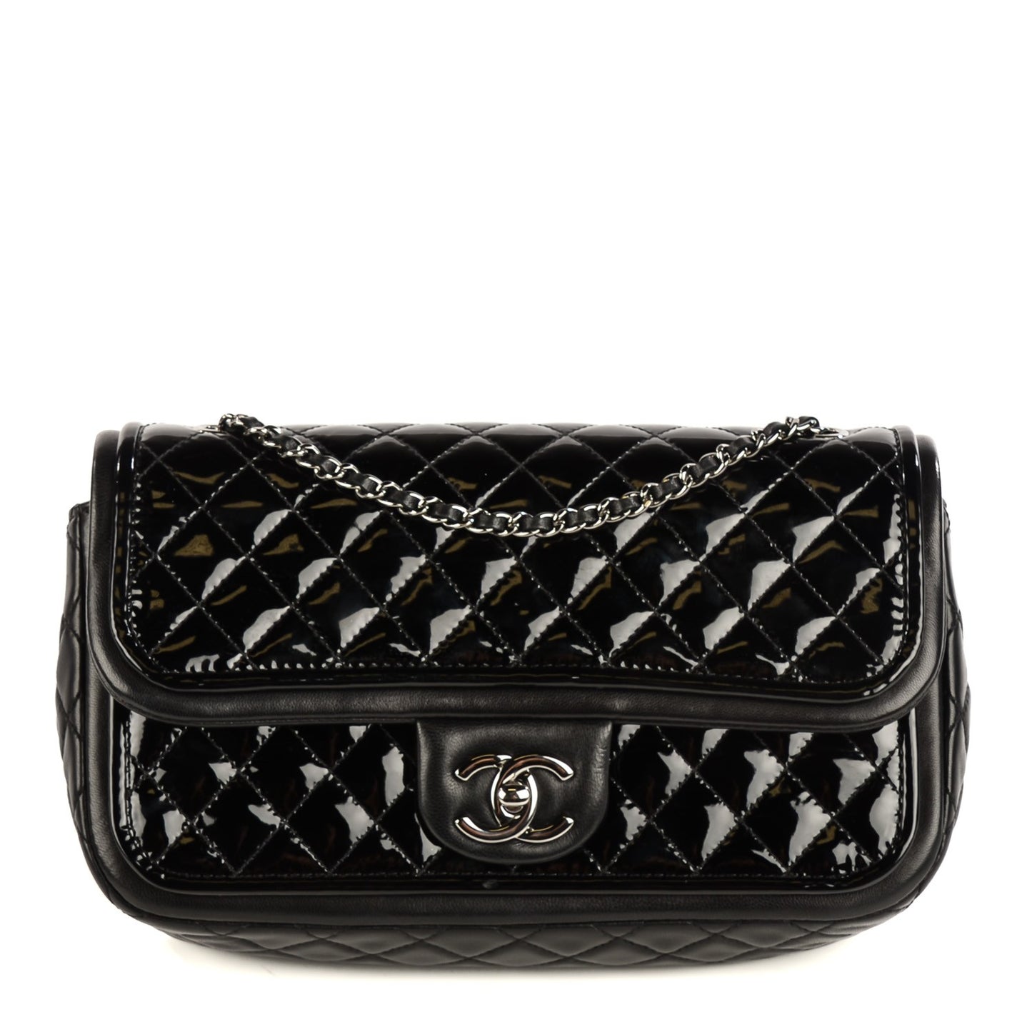 Lambskin Patent Quilted CC Twist Flap Black