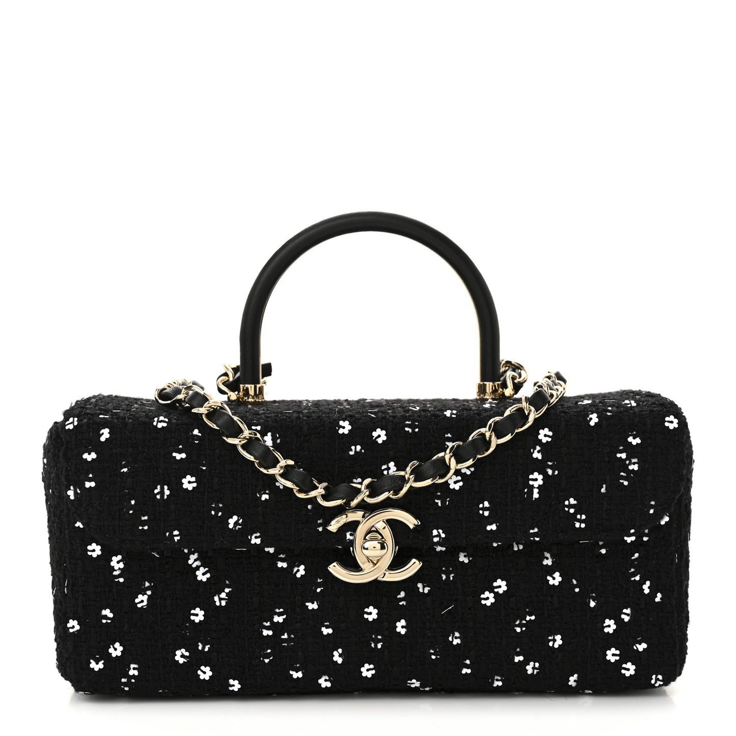 Tweed Sequin Quilted Top Handle Box Bag Black