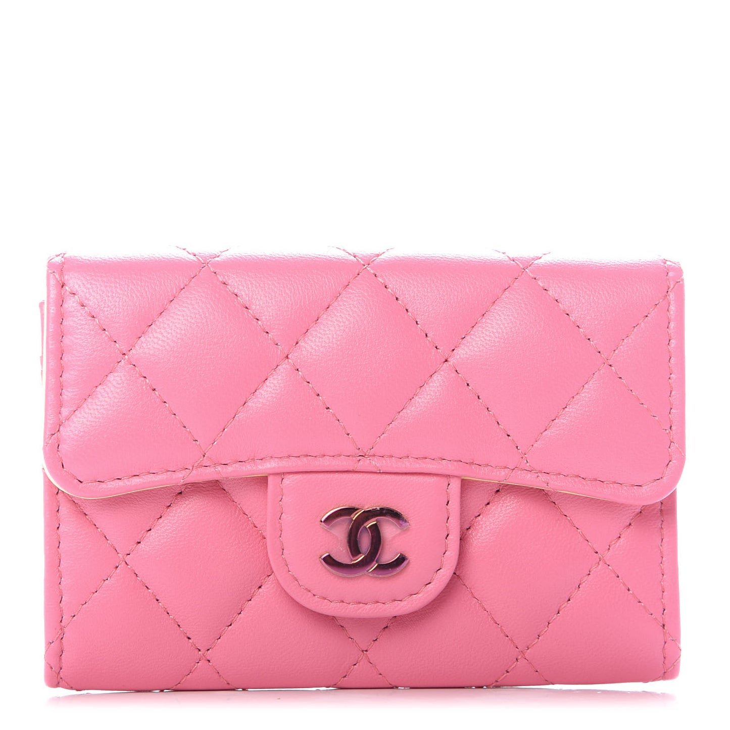 Lambskin Quilted Flap Card Holder Wallet Pink Yellow