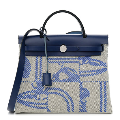 Hermes Vache Hunter Toile H Brides de Gala Herbag Zip Retourne 31 PM Bleu De France Ecru Black 3 of 12