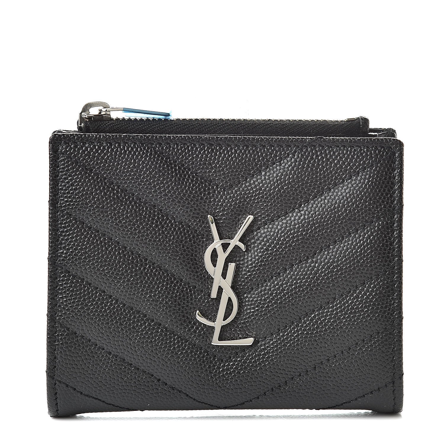 Saint Laurent Grain De Poudre Matelasse Chevron Monogram Zipped Card Case Black 1 of 8