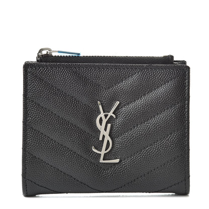 Saint Laurent Grain De Poudre Matelasse Chevron Monogram Zipped Card Case Black 1 of 8
