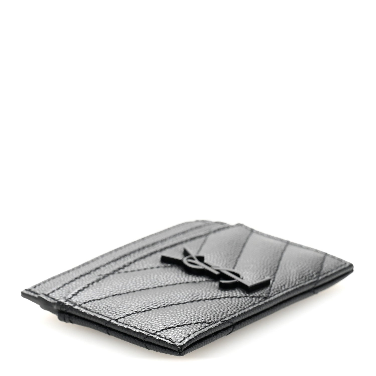 Saint Laurent Grain De Poudre Matelasse Chevron Monochrome Monogram Credit Card Case Black 4 of 8