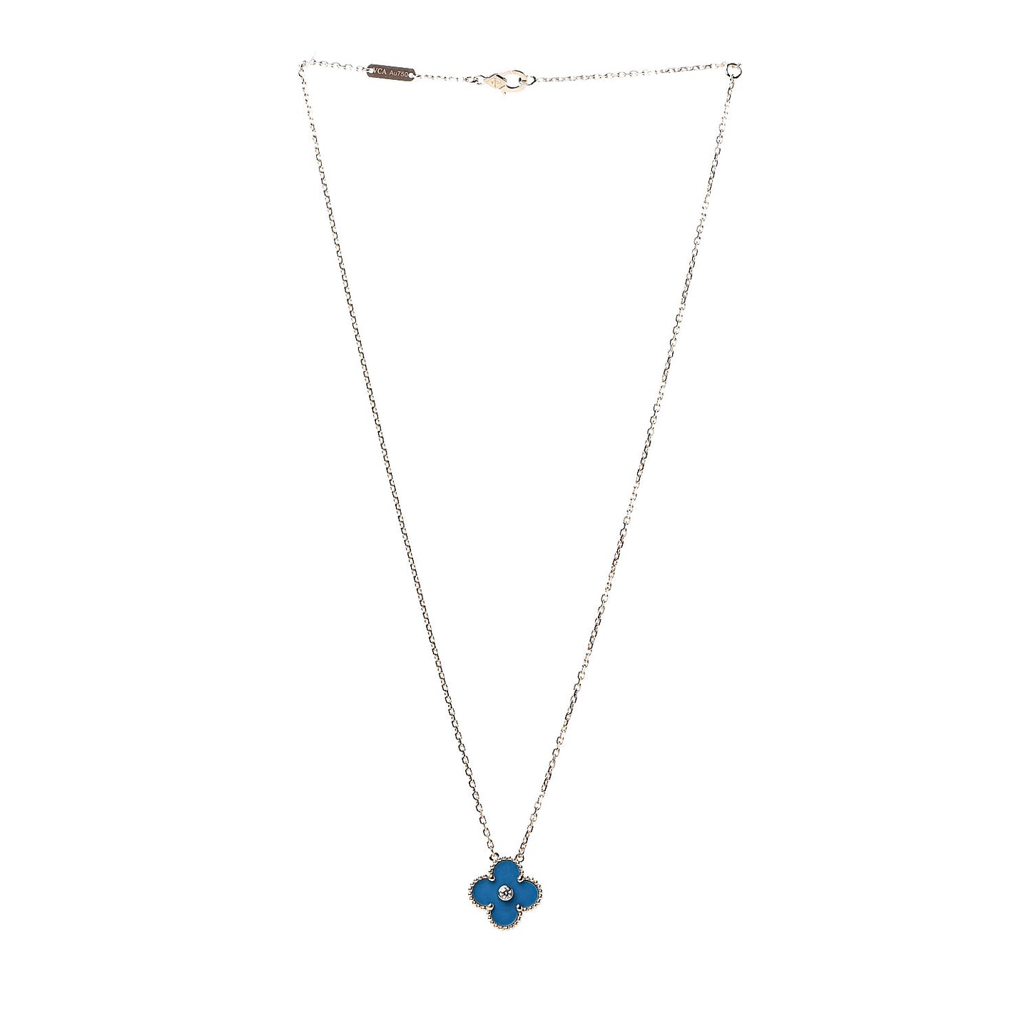 18K Yellow Gold Diamond Celestial Blue Sevres Porcelain Vintage Alhambra Pendant Necklace