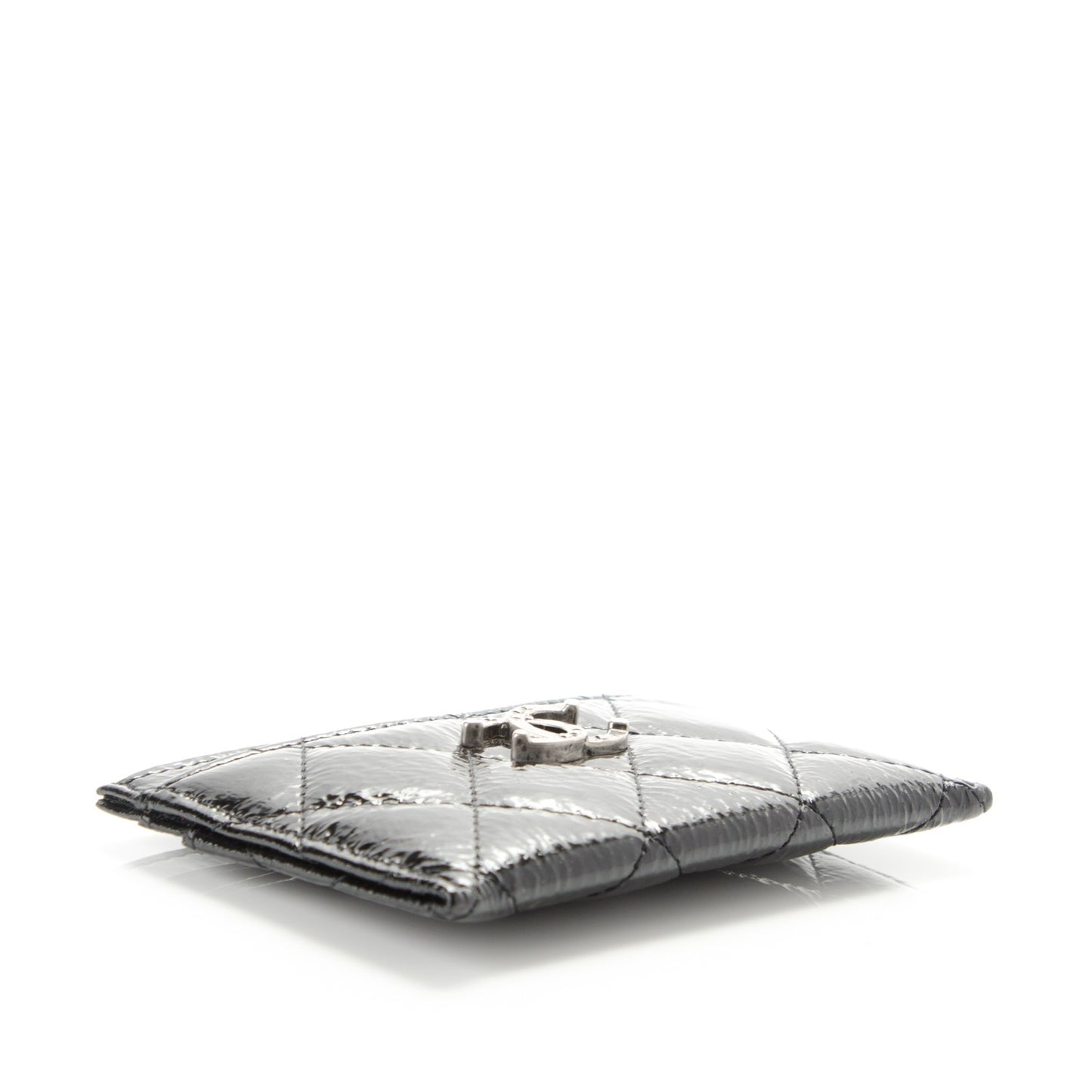 Distressed Patent Quilted Card Holder Black