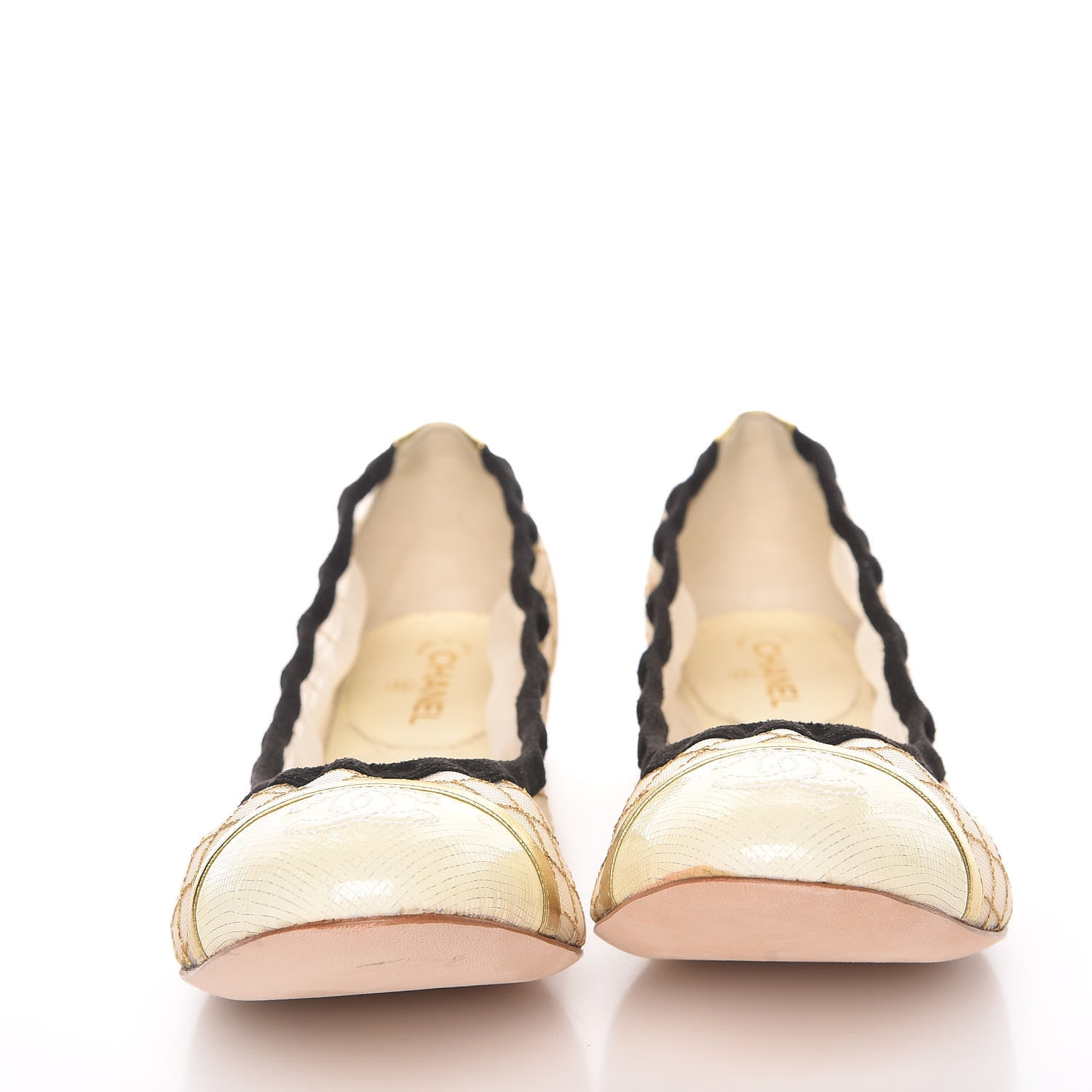 Chanel Lambskin Mesh Quilted CC Cap Toe Ballerina Flats 39.5 Light Beige Gold White 2 of 9