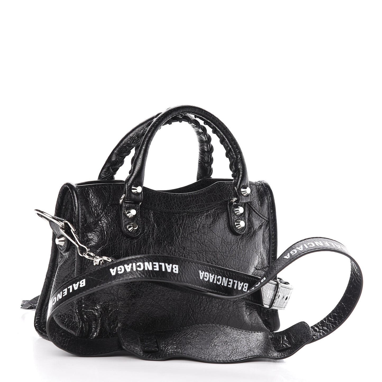 Agneau Classic Silver Hardware Mini City Logo Strap Black White
