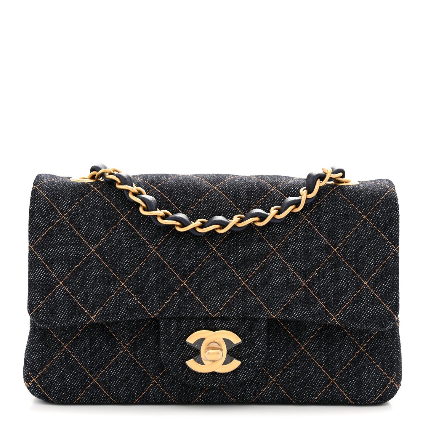 Denim Quilted Mini Rectangular Flap Dark Blue Orange