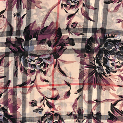Burberry Modal Cashmere Check Peony Rose Print Shawl Scarf Beige Multicolor 4 of 4