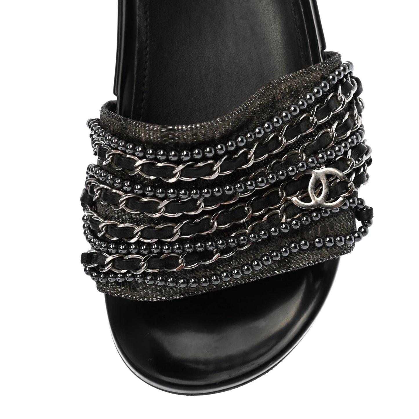 Fantasy Lambskin Pearl Chain CC Flat Mules 37 Silver Black