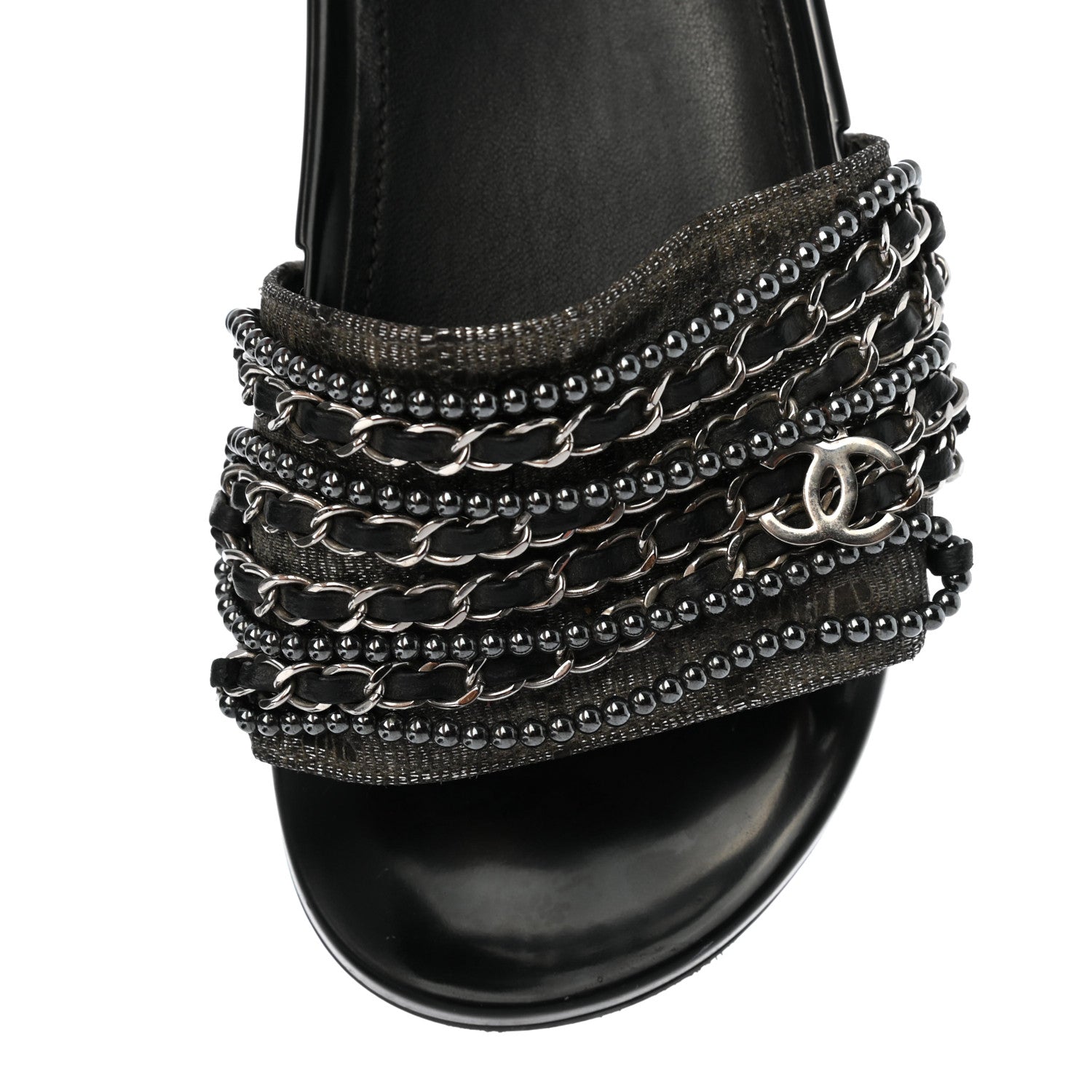 Chanel Fantasy Lambskin Pearl Chain CC Flat Mules 37 Silver Black 9 of 9