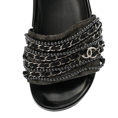 Chanel Fantasy Lambskin Pearl Chain CC Flat Mules 37 Silver Black 9 of 9