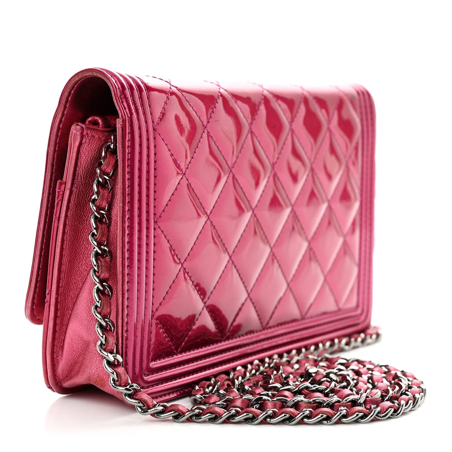 Metallic Patent Calfskin Quilted Boy Wallet on Chain WOC Fuchsia