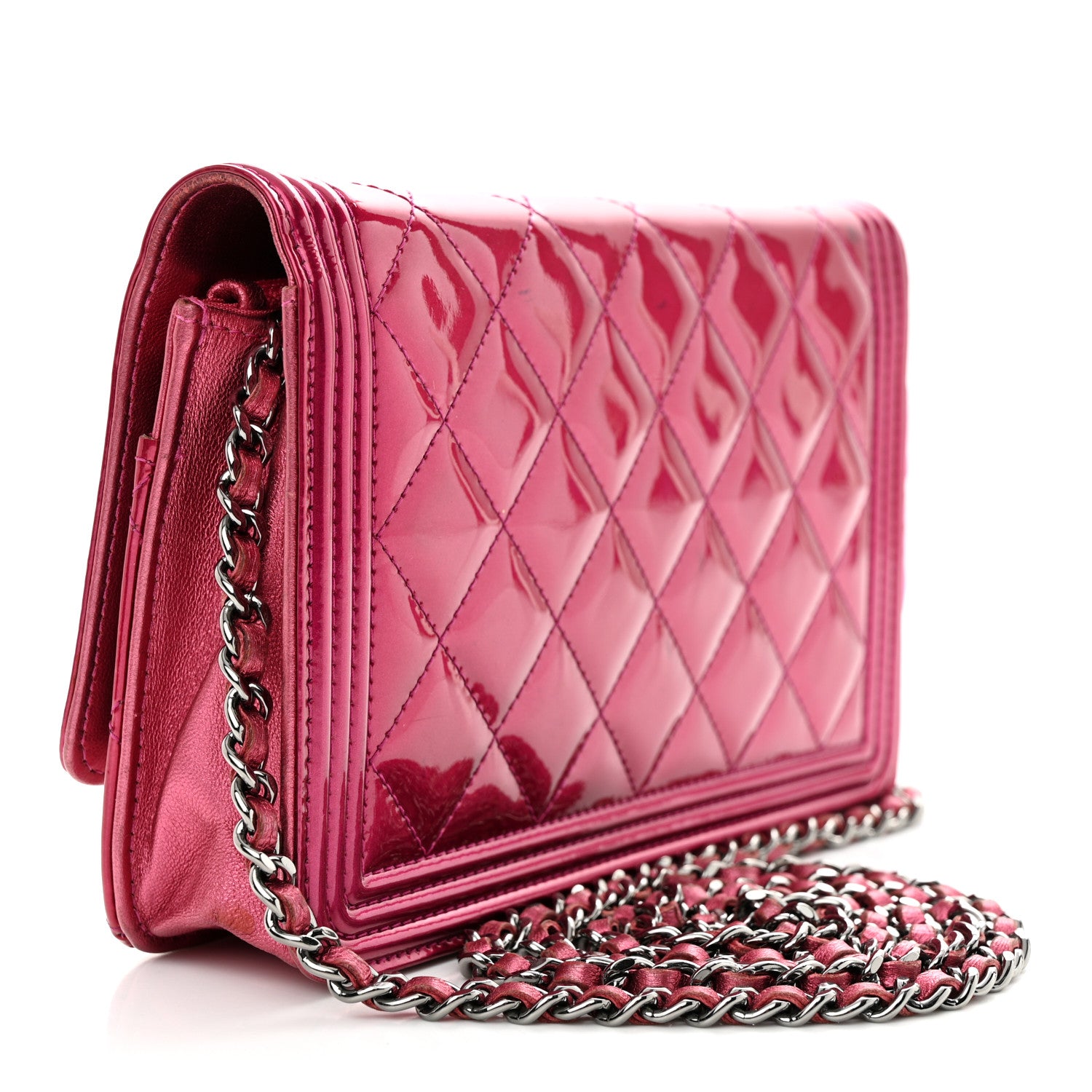 Chanel Metallic Patent Calfskin Quilted Boy Wallet on Chain WOC Fuchsia 3 of 16