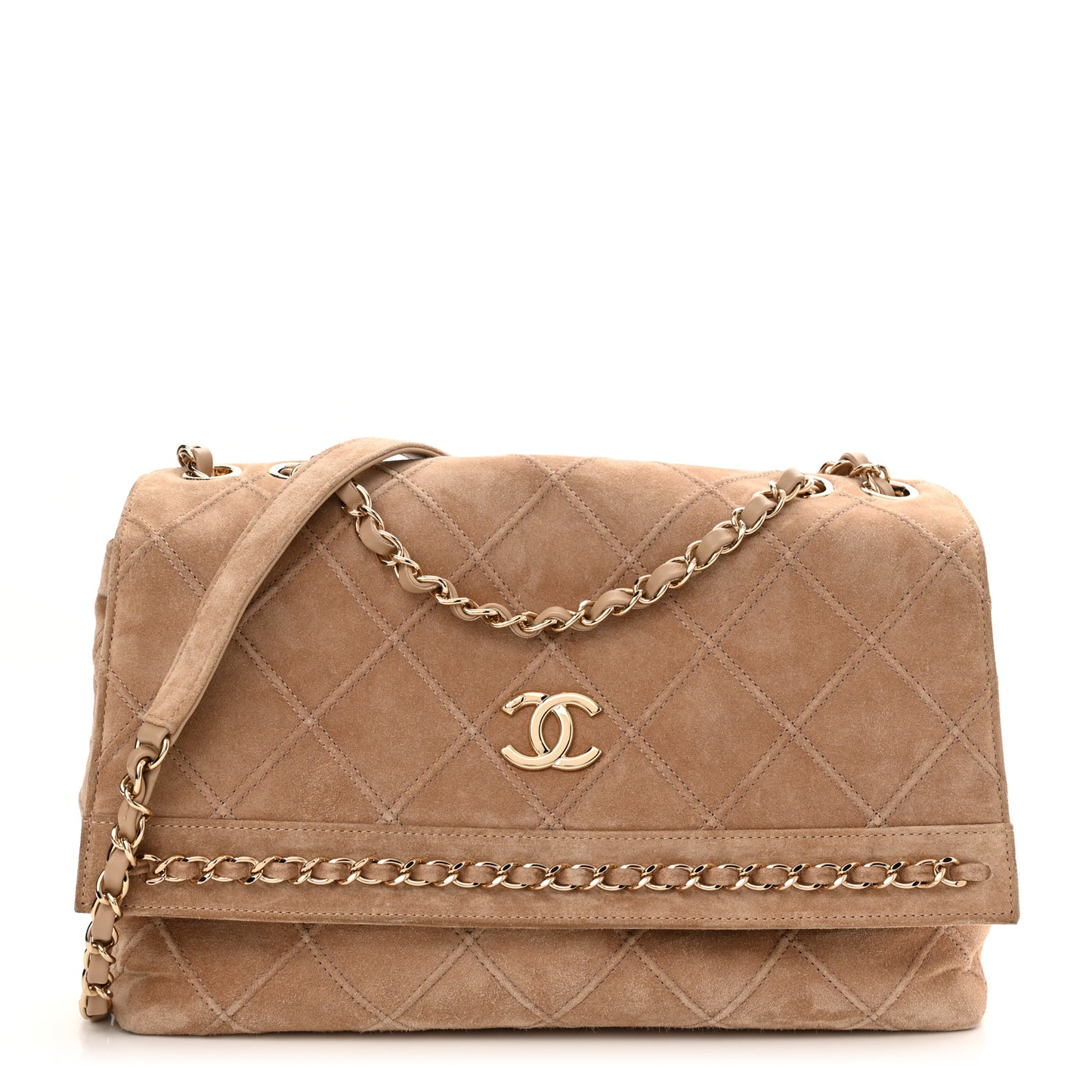 Suede Quilted Stitched Chain Medium Flap Beige